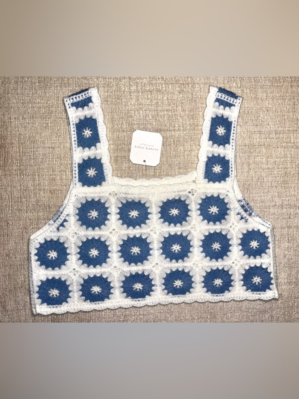 Altar'd State NWT XS Crochet Square Granny Crop Blue White Boho Festival Tank - Picture 4 of 9